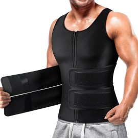 Cimkiz Sauna Vest For Mens Waist Trainer Zipper Neoprene Sauna Suit Tank Top (Black With Belt, Medium)