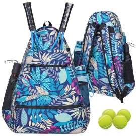 Acosen Tennis Bag Tennis Backpack - Large Tennis Bags For Women And Men To Hold Tennis Racket,Pickleball Paddles, Badminton Racquet, Squash Racquet,Balls And Other Accessories (Green Floral)