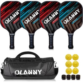 Olanny Pickleball Paddles Set Includes 4 Pickleball Paddles + 6 Balls+ 4 Replacement Soft Grip + 1 Portable Carry Bag Premium Rackets Face & Polymer Honeycomb Core