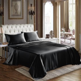 Cozylux Satin Sheets, Twin Size Bed Sheets, Silky 3-Pcs Bedding Set, Black Satin Sheets With 16 Inches Deep Pocket Fitted Sheet, Flat Sheet And 1 Pillowcase (Twin, Black)