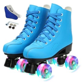 Roller Skates For Women Men, High Top Pu Leather Classic Double-Row Roller Skates, Indoor Outdoor Roller Skates For Beginner A Shoes Bag (Blue Flash, 38)