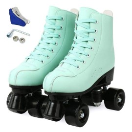 Jessie Pu Leather Roller Skates Roller Skates For Women Outdoor And Indoor Adjustable Four-Wheel Premium Roller Skates For Women Men Boys And Girls (Black Wheel, Womens 7 Mens 55)