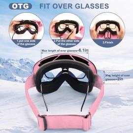 FONHCOO Ski Goggles for Men Women,Anti-Fog OTG Snow Snowboard Glasses with Detachable Lens for Skiing Skating,UV Protection & Anti-Glare (PINK2 VLT 38.2%)