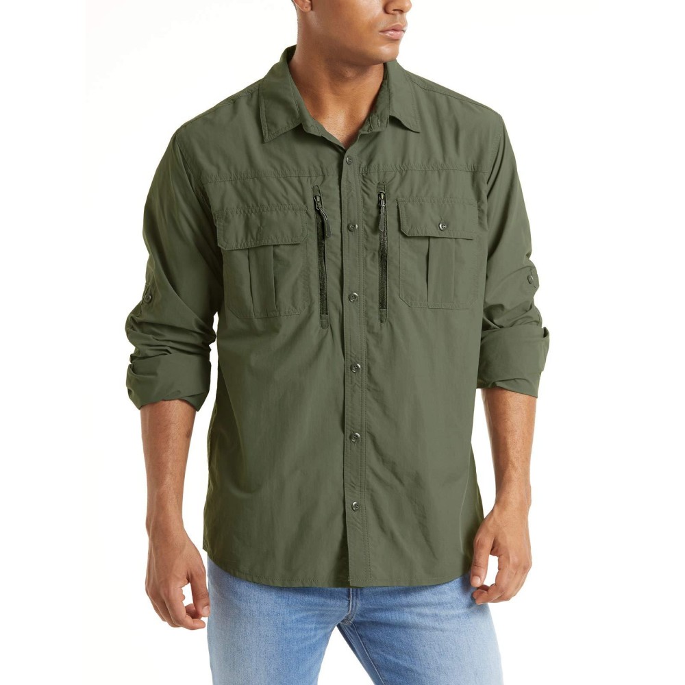 Tacvasen Mens Tactical Shirts Quick Dry Breathable Long Sleeve Hiking Shirts, 2Xl Green