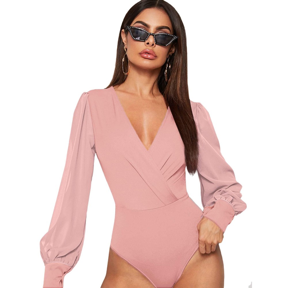 Wdirara Womens Deep V Neck Long Sleeve Solid Wrap Surplice Bodysuit Dusty Pink M