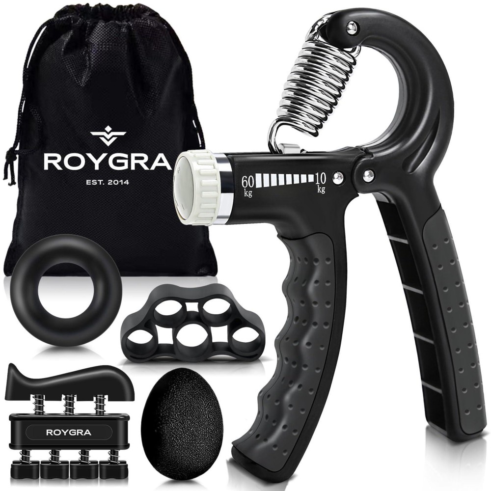Roygra Grip Strength Trainer, Forearm Workout, Hand & Finger Exerciser - 5 Pack (Black)