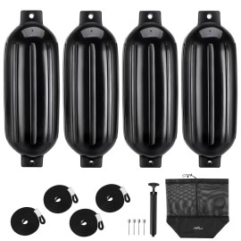 Affordura Boat Fender 4 Pack Boat Bumpers Fenders With 4 Ropes, Boat Bumpers For Pontoon Boat Fenders Inflatable (Black, 6.5 Inch)