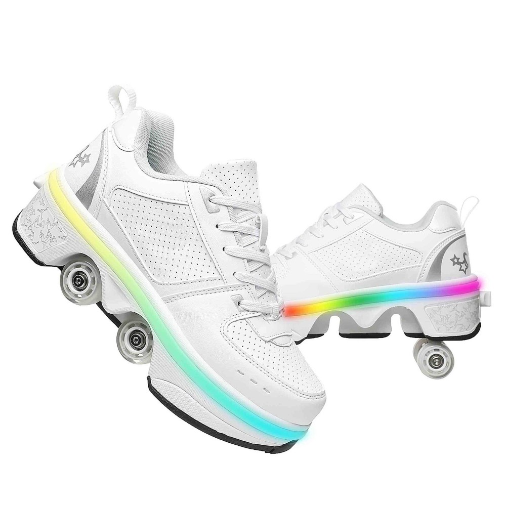 Double-Row Deform Wheel Automatic Walking Shoes Invisible Deformation Roller Skate 2 In 1 Removable Pulley Skates Skating Parkour (Low White Light, Us9)