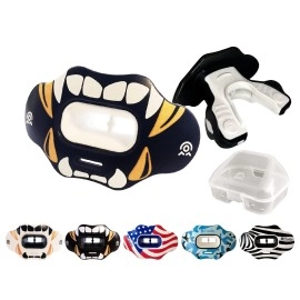 Coollo Sports Lip Guard Mouthguard Maxx/Might Football And High Impact Sports Lip Protector For Adults & Youth (Strap Included) (Golden White Fangs -(Two Layers), Without Case (Adult 8+))