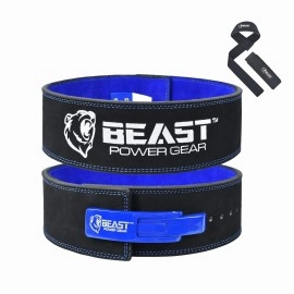 Beast Power Gear Weight Lifting Belt With Lever Buckle 10Mm 13Mm Thick 4 Inches Wide Free Strap- Advanced Back Support For Weightlifting, Powerlifting, Deadlifts, Squats - Men Women (Medium, Blackblue)