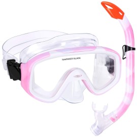 Kids Snorkel Set, Children Anti-Fog Diving Mask Swimming Goggles Semi-Dry Snorkel Equipment Snorkeling Packages Swimming Gear For Youth Boys Girls Age 5-10 (Pink White)