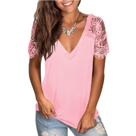 Wmzcyxy Womens Lace Short Sleeve Tops V Neck Summer T Shirt Dressy Casual Blouses (Xx-Large, Light Pink)