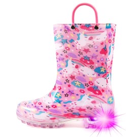 Hugrain Toddler Girls Boys Rain Boots Baby Kids Light Up Printed Waterproof Shoes Rubber Garden Puddle Boots Lightweight Adorable Cute Pink Unicorn Easy-On Handles And Insole (Size 7,Pink)