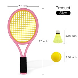 Kids Tennis Racket,17 Inch Plastic Tennis Racket with 2 Soft Balls,2 Tennis Balls and 4 Shuttlecocks for Kid,Toddler Outdoor/Indoor Sport Play (Pink&Blue)