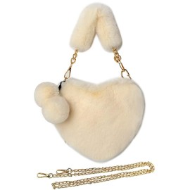Rejolly Furry Purse For Girls Heart Shaped Fluffy Faux Fur Handbag For Women Soft Small Valentines Day Shoulder Bag Clutch Purse With Pom Poms Creamy White