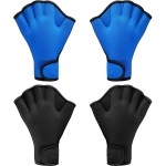 2 Pairs Swimming Gloves Aquatic Swim Training Gloves Neoprene Gloves Webbed Fitness Water Resistance Training Gloves For Swimming Diving With Wrist Strap (Black, Blue,Medium)