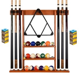 Billiards Xpress Pool Cue Rack - Pool Stick Holder Wall Mount With 16 Ball Holders & 6 Pack Of Chalk - Rubber Circle Pads & Large Clips Prevent Damage - Billiard Table Accessories For Man Cave (Oak)