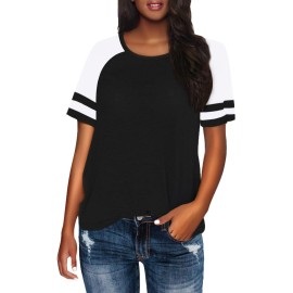 Laslulu Short Sleeve Shirts For Women Color Block Striped Tee Crew Neck Casual Tunic Tops Workout Yoga Athletic T-Shirt Loose Fit Blouses Summer Tops(Black Large)