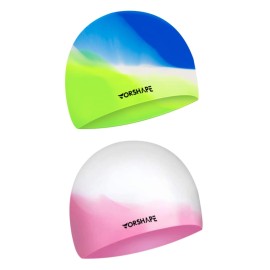 Vorshape Swim Cap Kids (2 Pack), Durable Waterproof Swimming Cap For Girls Boys Teens Toddler, Comfortable Fit For Long Hair And Short Hair, Green&Pink