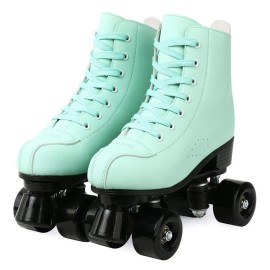Roller Skates For Women Men, High Top Pu Leather Classic Double-Row Roller Skates, Indoor Outdoor Roller Skates For Beginner A Shoes Bag (Green No Flash, 37)