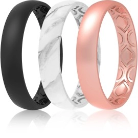 Thunderfit Silicone Wedding Bands For Women, Breathable Air Grooves Anniversary Rings - 4Mm Width - 15Mm Thick (Black, Light Marble, Rose Gold A, Size 75-8 (182Mm))