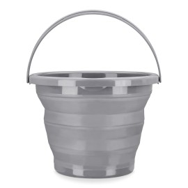 Navaris Collapsible Bucket With Handle - 13 Gallon (5L) Portable Pail For Camping, Beach, Gardening, Fishing, Water, Washing - Size M, Gray