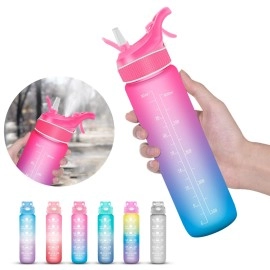 Woodfib Sport Water Bottle With Spray Mist For Outdoor Hydration, 1L Motivational Water Bottle With Time Marker, Flip Straw & Bpa Free Tritan Plastic, Ideal For Running, Fitness And Cycling