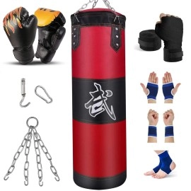 Prorobust Heavy Punching Bag For Man Women & Kids, Unfilled Boxing Bag Set With Punching Gloves, Chain, Ceiling Hook For Mma, Kickboxing, Muay Thai, Karate, Taekwondo (4Ft, Red)