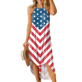Womens July 4Th Us Flag Patriotic Stars Striped Side Slit Halter Maxi Dresses American Flag Xl