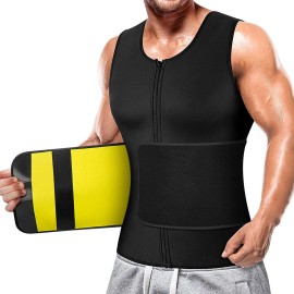 Cimkiz Mens Sweat Sauna Vest For Waist Trainer Zipper Neoprene Tank Top, Adjustable Sauna Workout Zipper Suit (Yellow, 3X-Large)