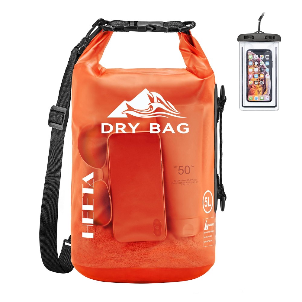 Heeta Waterproof Dry Bag For Women Men, Roll Top Lightweight Dry Storage Bag Backpack With Phone Case For Travel, Swimming, Boating, Kayaking, Camping And Beach, Transparent Orange 40L