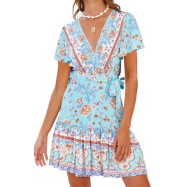 Zesica Womens 2023 Summer Wrap V Neck Bohemian Floral Print Ruffle Swing A Line Beach Mini Dress,Skyblue,Medium