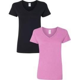 Gildan Womens Heavy Cotton V-Neck T-Shirt 2-Pack 3Xl-Black-Heatherorchid