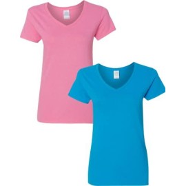 Gildan Womens Heavy Cotton V-Neck T-Shirt 2-Pack Lrg-Azalea-Sapphire