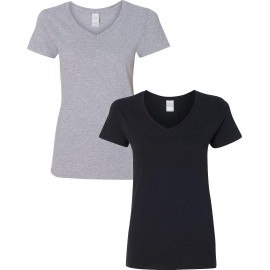 Gildan Womens Heavy Cotton V-Neck T-Shirt 2-Pack Lrg-Sportgray-Black