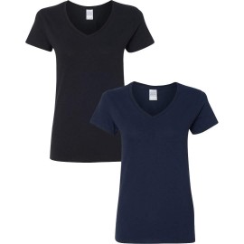 Gildan Womens Heavy Cotton V-Neck T-Shirt 2-Pack Sml-Black-Navy