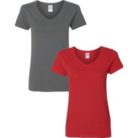 Gildan Womens Heavy Cotton V-Neck T-Shirt 2-Pack Med-Charcoal-Red