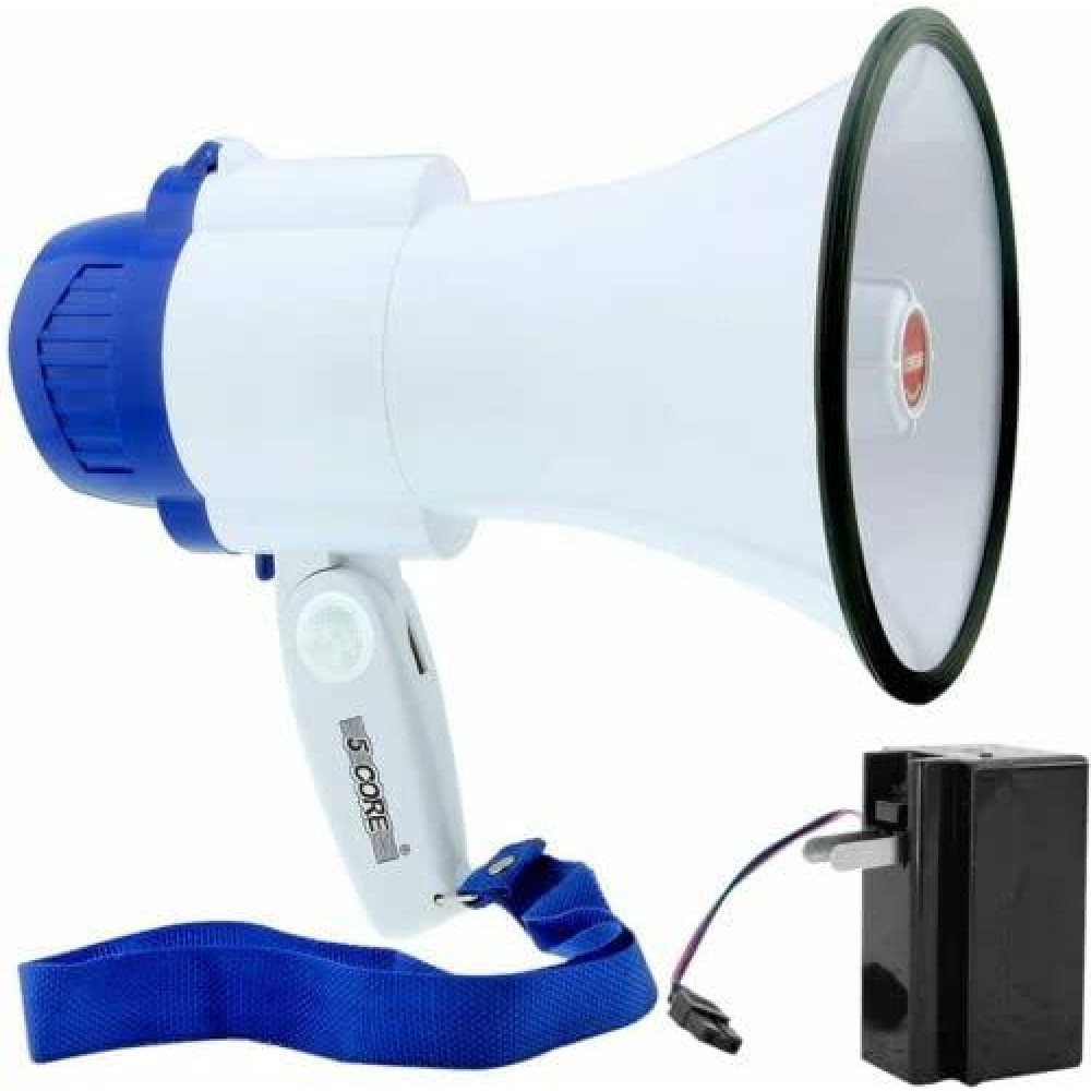 5 Core Megaphone Handheld Bullhorn Loudspeaker Cheer Bull Horn Speaker Megaphono With Mic Siren Sling Strap Portable Usb & Recording Features Batteries Included 8R-Usb-Wb