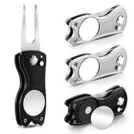 4 Pieces Golf Repair Tool Stainless Steel Foldable Golf Divot Tool Magnetic Golf Button Tool Golf Ball Marker (Black, Silver)