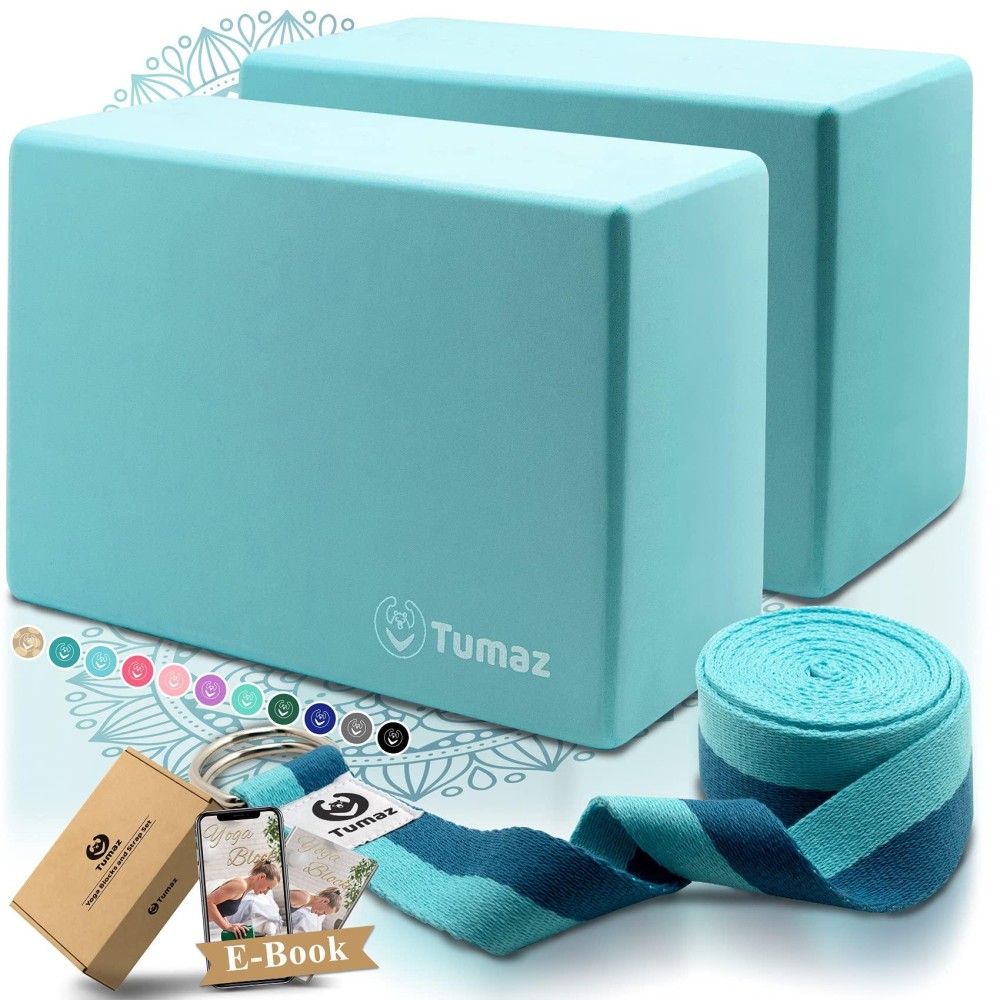 Tumaz Yoga Blocks 2 Pack With Strap Set, High Densitylightweight Eva Foam Yoga Blocks Or Non-Slip Solid Natural Cork Yoga Blocks Set Premium Yoga Brick For All Yogi E-Book Included]