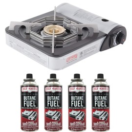 Chef Master 90011 Portable Butane Stove 10,000 Btu Outlet Camp Kitchen Equipment Emergency Stove Hurricane Stove Single Burner Camp Stove Camping Cooking Stove + 4 Fuel Canisters