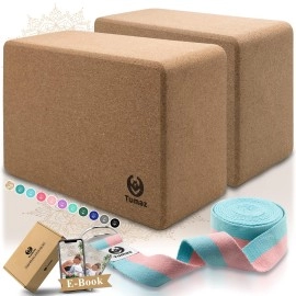 Tumaz Yoga Blocks 2 Pack With Strap Set, High Density/Lightweight Eva Foam Yoga Blocks Or Non-Slip Solid Natural Cork Yoga Blocks Set & Premium Yoga Brick For All Yogi [E-Book Included]