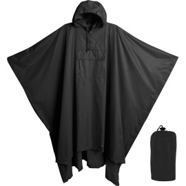 Heavy Duty Rain Poncho for Backpacking, Waterproof Lightweight for Adults, Military, Emergency, Camping, Men, Women (Adult-Square-Black)