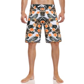 Nonwe Mens Beachshorts Quick Dry Soft With Drawstring Swimming Short Flower Pattern Orange 30