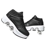 Double-Row Deform Wheel Automatic Walking Shoes Invisible Deformation Roller Skate 2 In 1 Removable Pulley Skates Skating Parkour (Black High, Us9)