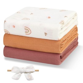Papablic Muslin Swaddle Blankets, 3-Pack Soft Silky Swaddle Blankets For Boys And Girls, Bamboo Cotton Receiving Blanket With 1 Hair Bows, Solid Colorrainbows, Large 47 X 47 Inches