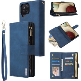 Lbyzcase Phone Case For Galaxy A12,Samsung A12 Wallet Case,Luxury Folio Flip Leather Coverzipper Pocket]Wrist Strap]Kickstand] For Samsung Galaxy A12 (Blue)