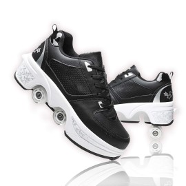 Double-Row Deform Wheel Automatic Walking Shoes Invisible Deformation Roller Skate 2 In 1 Removable Pulley Skates Skating Parkour (Black And Silver, Us 55)