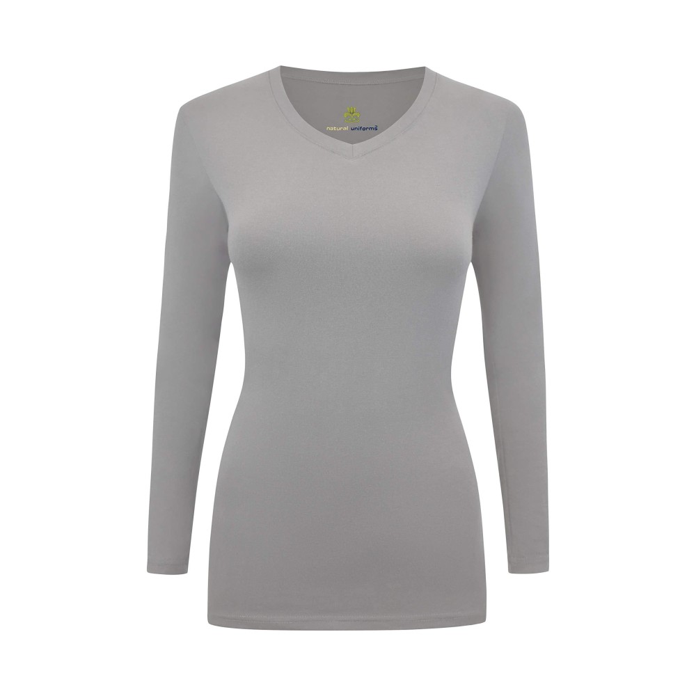 Natural Uniforms Womens Long Sleeve V-Neck T-Shirt Under Scrub (Grey, X-Large)