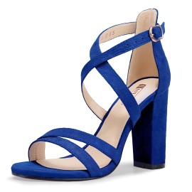 Idifu Womens Chunky Heel Sandal Strappy Open Toe Ankle Strap Dress Shoes For Women Bridesmaid Ladies In Wedding Evening Homecoming Prom (Royal Blue Suede, 8 M Us)